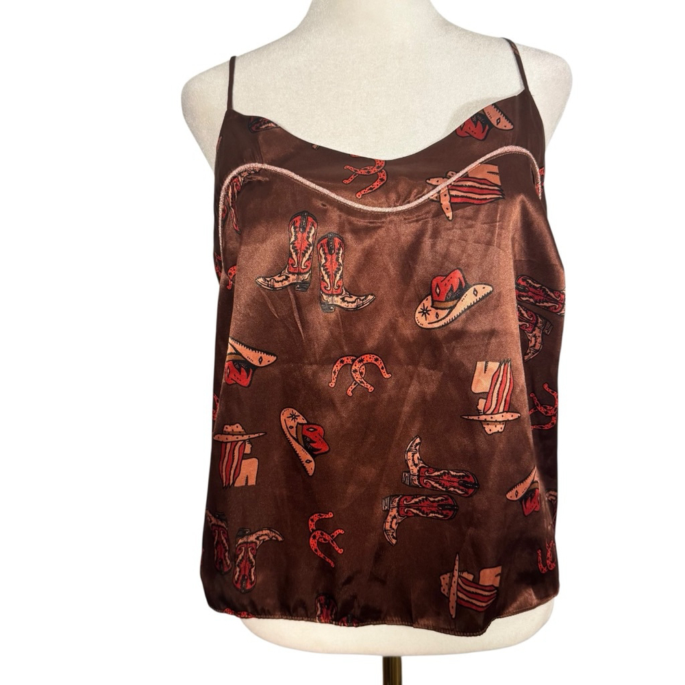 Size M western inspired brown satin camisole/tank cowboy hat boot print - Picture 2 of 10